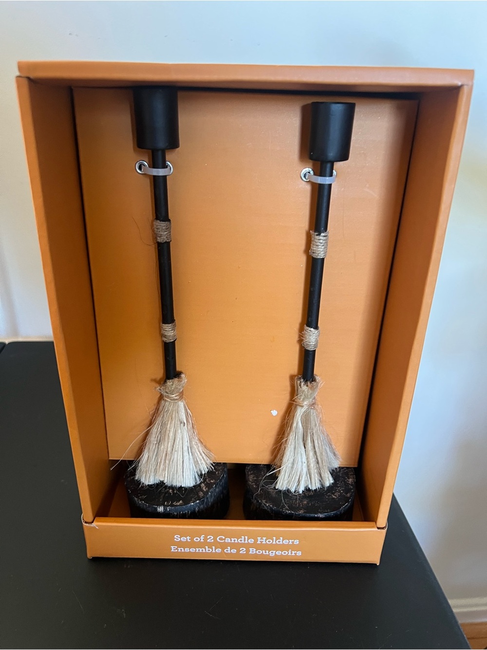 Set of 2 Black and Natural Tassel Candle Holders Halloween witch brooms